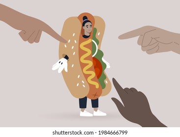 A young female Asian character being bullied for their underpaid work as a hot dog promoter