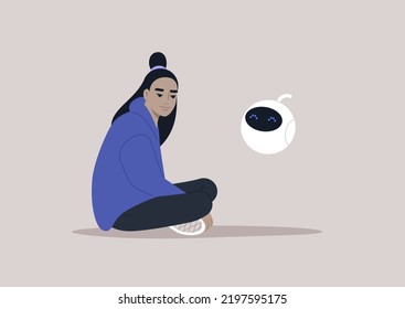 A Young Female Asian Character Chatting With A Chat Bot, New Technologies And Modern Lifestyle