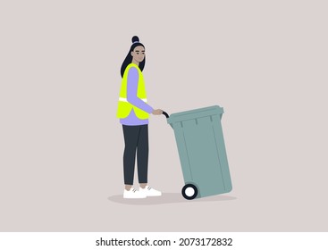 A young female Asian character collecting a waste bin, Utility service, environmental conversation, a plastic garbage container on a wheel