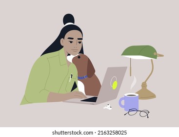 A young female Asian character cuddling with their dog while working on a laptop, a work from home concept