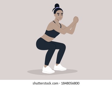 A young female Asian character doing squats, a workout scene, sport outfit