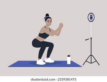 A young female Asian character doing squats, an online workout scene, sport outfit