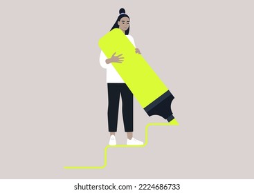 Young female Asian character drawing staircase steps with a huge neon yellow highlighter, ambitions and careerism