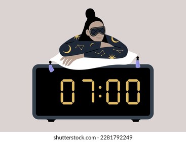 A young female Asian character dressed in pajamas and a mask, reclines atop a big digital alarm clock
