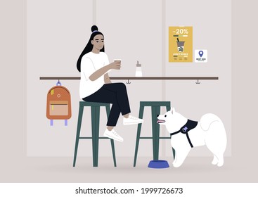 Young female Asian character drinking coffee at the bar counter of a dog-friendly place, modern lifestyle