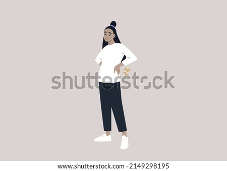 A young female Asian character experiencing a severe back pain, inactive lifestyle and posture problems