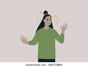 A young female Asian character feeling dizzy with yellow stars orbiting around their head