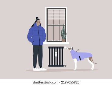 A young female Asian character freezing at home with their dog due to high heating price, European energy crisis