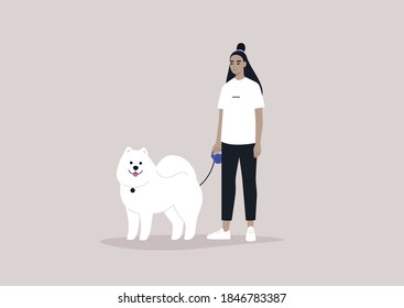 A young female Asian character holding a fluffy Samoyed puppy on a leash, walking a dog scene