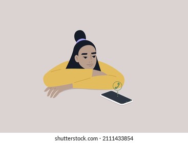 A Young Female Asian Character Ignoring An Incoming Phone Call, A Ghosting Concept