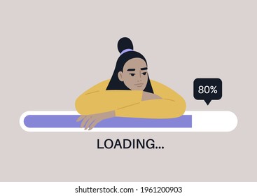 Young female Asian character leaning on a progress bar, file uploading concept