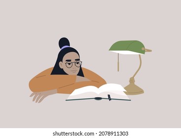 A young female Asian character leaning on arms and reading a book, educational process, a university student preparing for the exams in the library