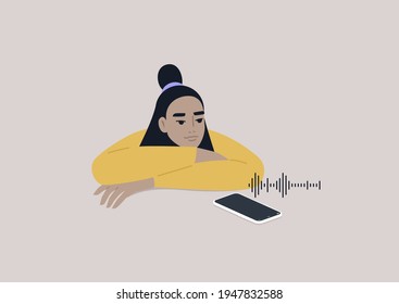 Young female Asian character listening to a voice message on their mobile phone, new ways of communication, a podcast media format