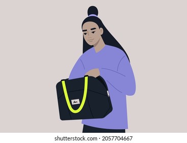 Young female Asian character looking for keys or wallet in their bag, a daily routine scene