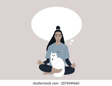 A young female Asian character meditating with a white cat on their lap, clear mind and thoughtfulness