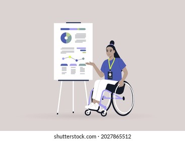 A young female Asian character on a wheelchair presenting the infographics on a flip chart at the weekly office report meeting