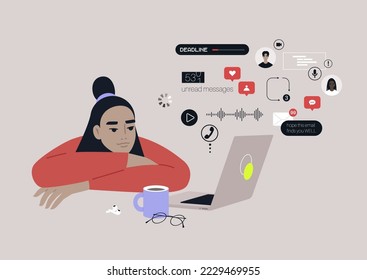 A young female Asian character ovewhelmed with online notifications, messages, calls, emails, social media reactions, and other digital activities