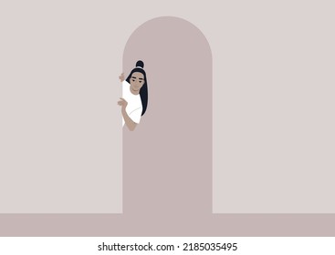 A young female Asian character peeking out of door, a hallway view