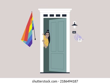 A young female Asian character peeking out of the entrance door with a rainbow flag on the wall, a safe space for the LGBTQ community, coming out