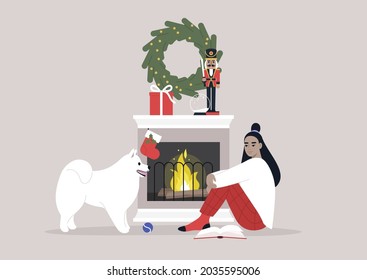 A young female Asian character playing with their dog on the floor in front of the mantelpiece, cozy winter interior