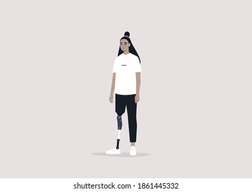 Young female Asian character with a prosthetic leg, Modern people with disabilities, New medical  technologies, Flat editable vector illustration, clip art