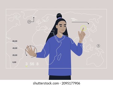 A young female Asian character researching an augmented reality map with infographics on it, a transparent futuristic screen