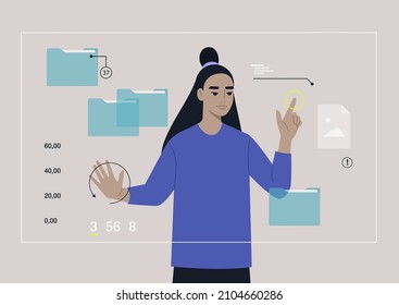 A young female Asian character researching an augmented reality workplace with folders and files on it, a transparent futuristic screen