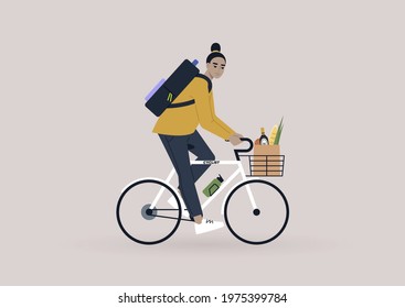 A young female Asian character riding a bike with a basket and a bottle holder, modern lifestyle