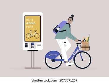 Young female Asian character riding a rental city bike, a self-service rent digital display