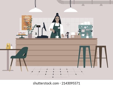 A Young Female Asian Character Serving Coffee At The Coffeeshop Counter, Morning Rituals And Modern Lifestyle