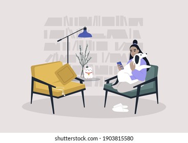 Young female Asian character sitting with a dog in a living room, cozy lockdown lifestyle, stay at home concept