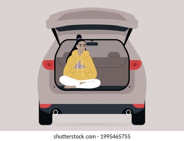 A young female Asian character sitting in a car trunk with their legs crossed, millennial lifestyle