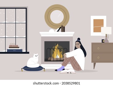 A young female Asian character sitting on the floor in front of the mantelpiece, cozy winter interior, pet-friendly environment