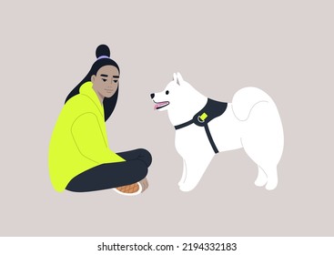 A young female Asian character sitting on the floor with their samoyed dog