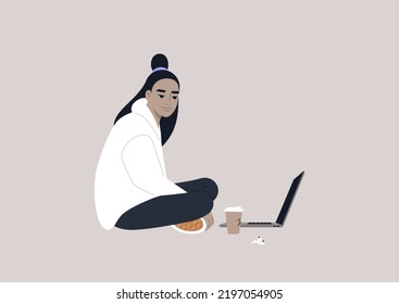 A young female Asian character sitting on the floor and working on their laptop with crossed legs