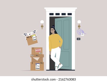 A young female Asian character standing in the doorway outside the building entrance, a drone delivering packages to their door