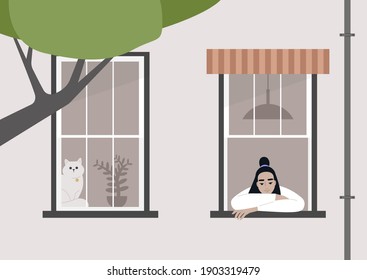 A young female Asian character staying at home an looking out of the window, a lockdown scene