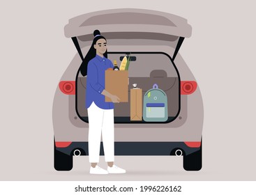 A young female Asian character taking grocery bags from their car trunk, a daily routine scene