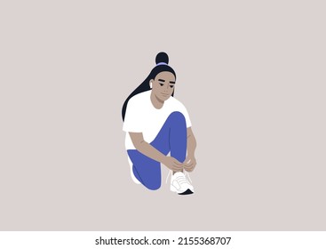 A young female Asian character tying their shoes, a daily routine ritual