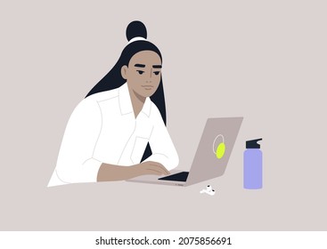 A young female Asian character typing on a laptop, office daily life