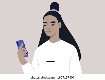 A young female Asian character using a mobile phone, millennial daily life