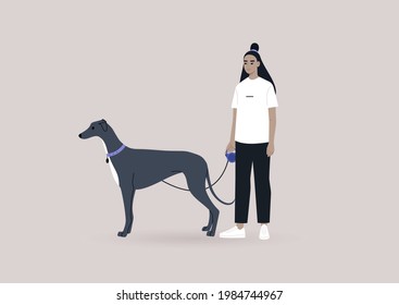 A young female Asian character walking with a graceful black greyhound dog on a leash, modern urban lifestyle
