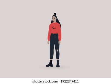 A young female Asian character wearing heavy black boots and a red long sleeve shirt, modern casual lifestyle