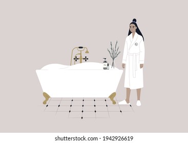 A young female Asian character wearing a hotel bathrobe, a cozy bathroom interior with a claw foot vintage tub