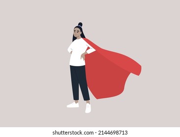 A young female Asian character wearing a red cape, superpower in daily life