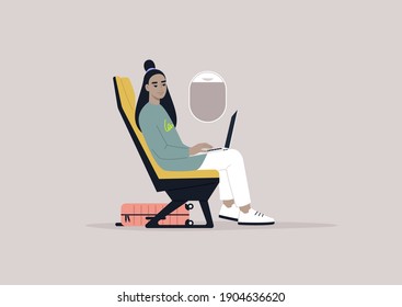 Young female Asian character working on their laptop during the flight, modern millennial lifestyle and remote work