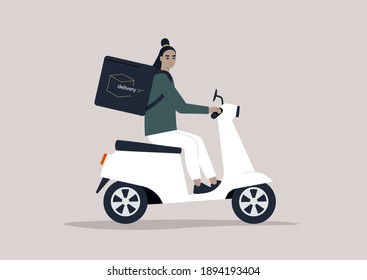 Young female Asian courier driving a scooter, food delivery concept