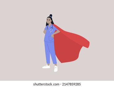 A Young Female Asian Doctor Wearing A Red Cape, Superheroes At Work