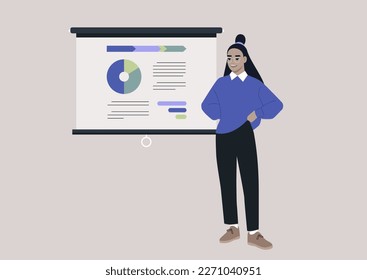 A young female Asian financial advisor reporting on a conference, a video projector screen with a pie chart infographics