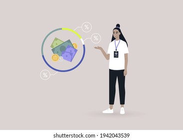 A young female Asian financial consultant pointing at the investment program infographics, an online professional advice service